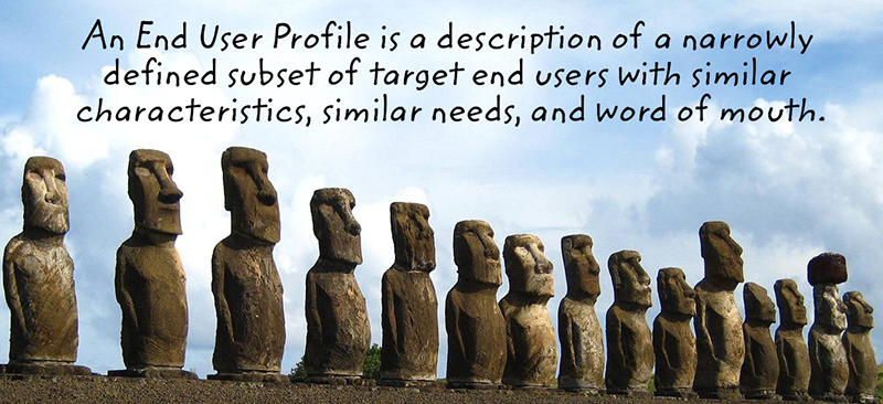 Image: A photo of the moai monumental statues on Easter Island. Above the photo, the text says, 'An End User Profile is a description of a narrowly defined subset of target end users with similar characteristics, similar needs, and word of mouth.'